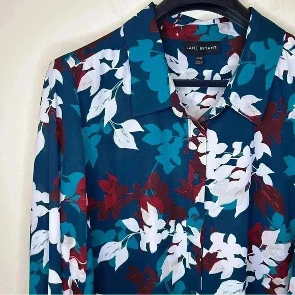 Lane Bryant Womens Floral Emerald Green Long Sleeve Button Up Collar Shirt - Picture 3 of 5
